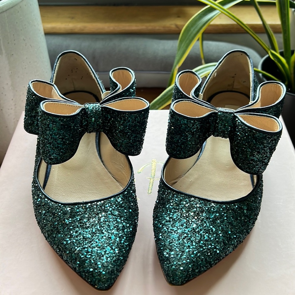 Polly Plume blue glitter bow flats, size 7
